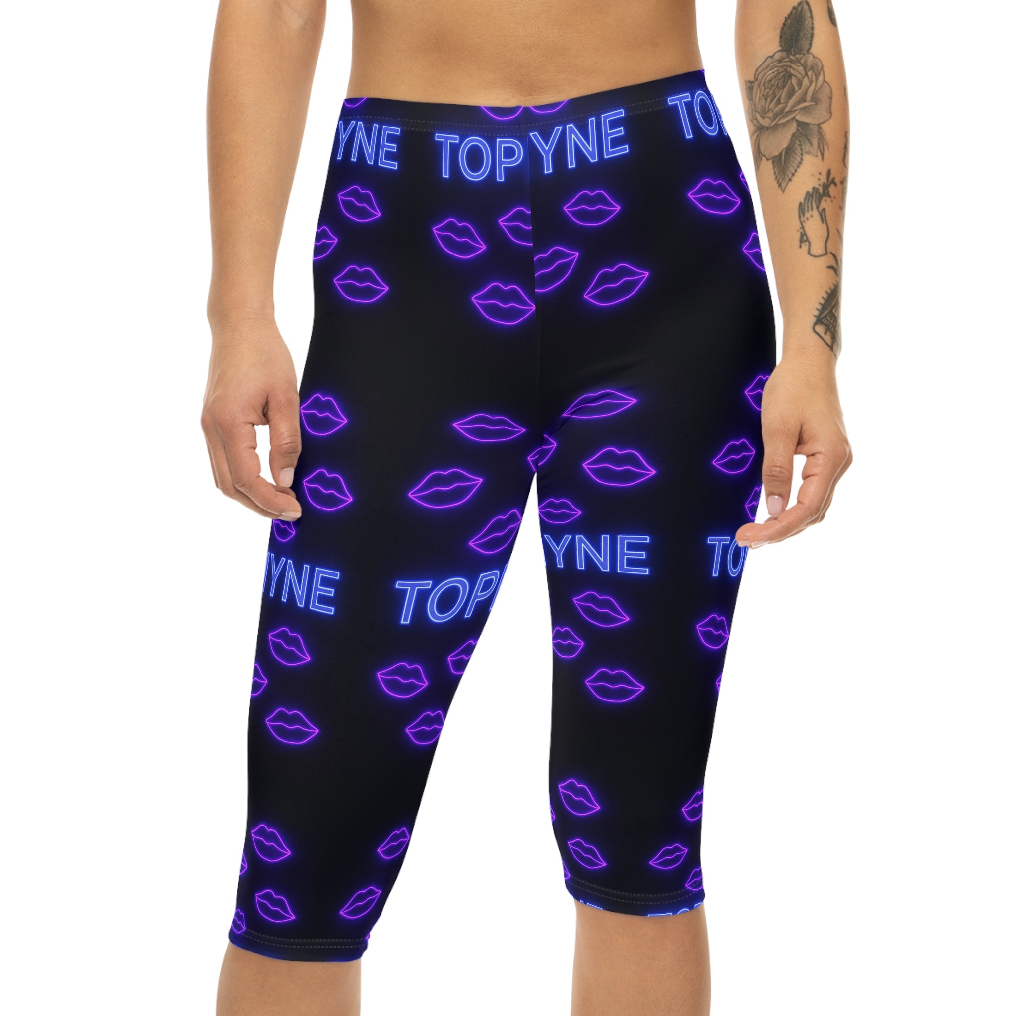 Women’s Capri Leggings with Neon Purple Kisses Lip Print, Trendy Activewear, Workout Pants, Party Wear, Comfortable Lounge Leggings