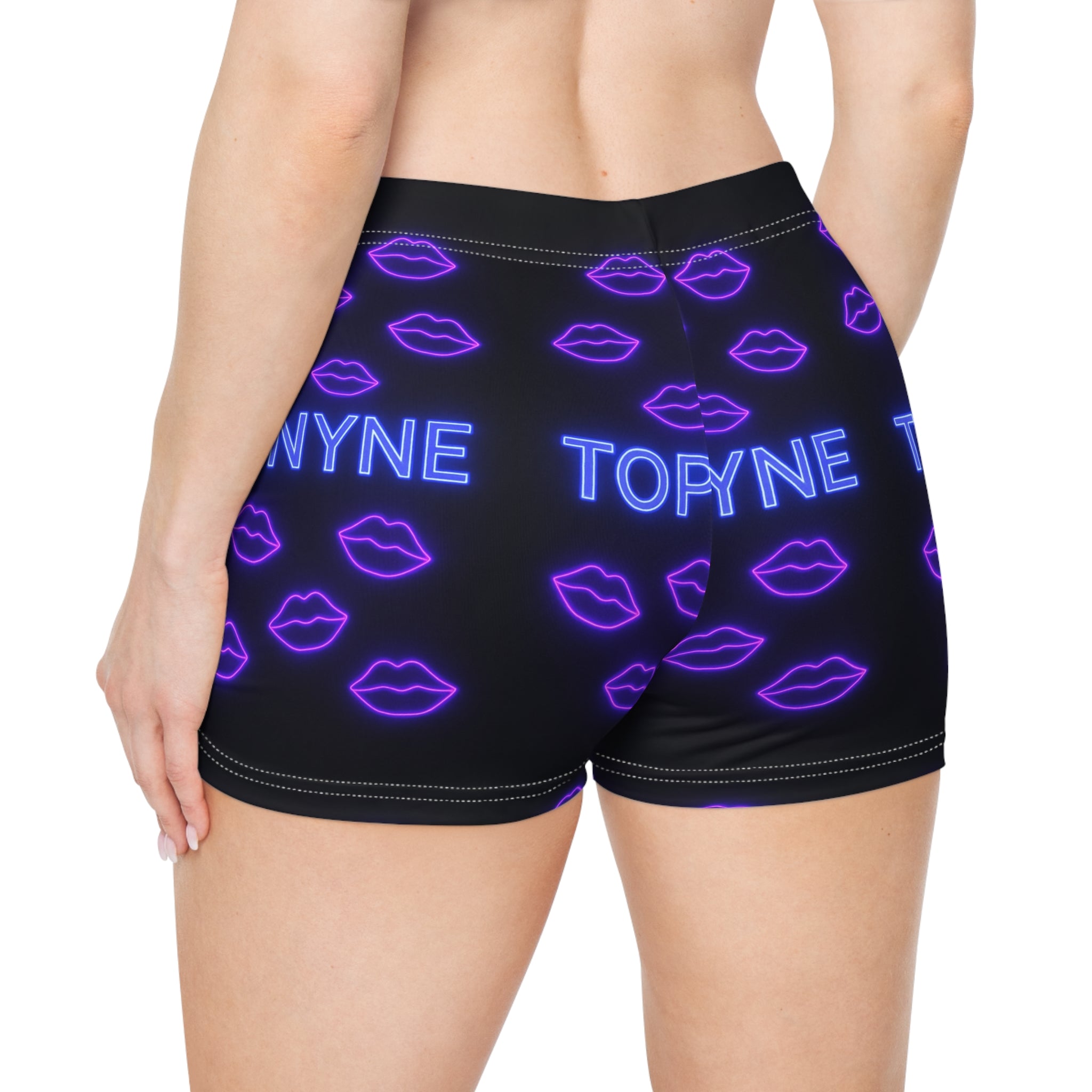 Purple Kisses Neon Print Women's Shorts, AOP, Trendy Summer Activewear, Fun Beachwear, Gift for Her, Festival Outfit