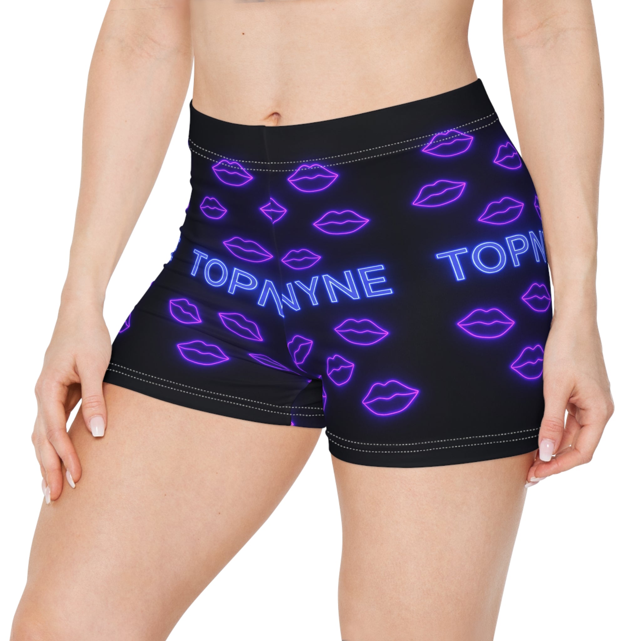 Purple Kisses Neon Print Women's Shorts, AOP, Trendy Summer Activewear, Fun Beachwear, Gift for Her, Festival Outfit
