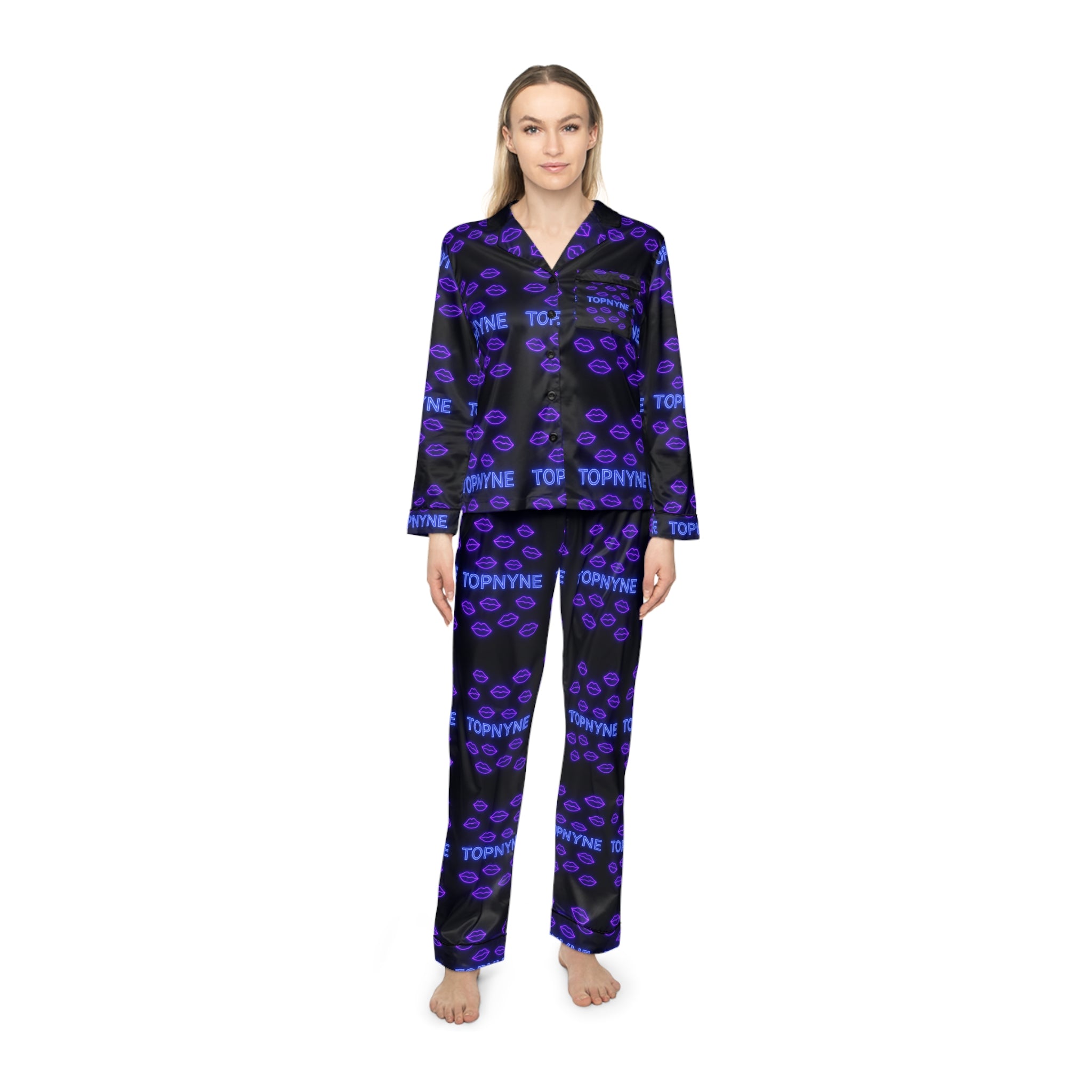 Purple Kisses Satin Pajamas Set, Stylish Sleepwear, Cozy Nightwear, Luxury Loungewear, Perfect Gift for Her, Vibrant Print