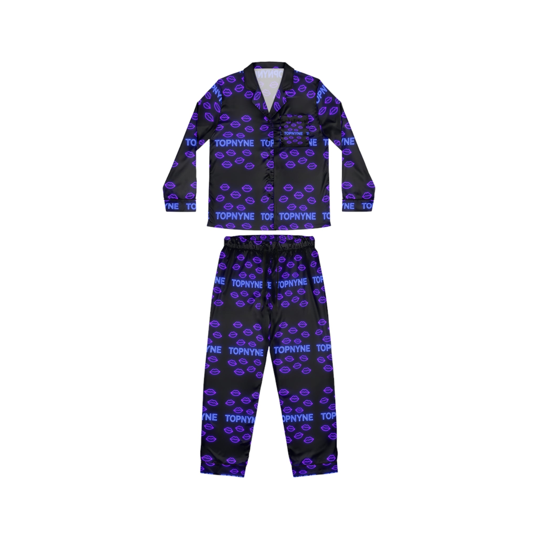 Purple Kisses Satin Pajamas Set, Stylish Sleepwear, Cozy Nightwear, Luxury Loungewear, Perfect Gift for Her, Vibrant Print