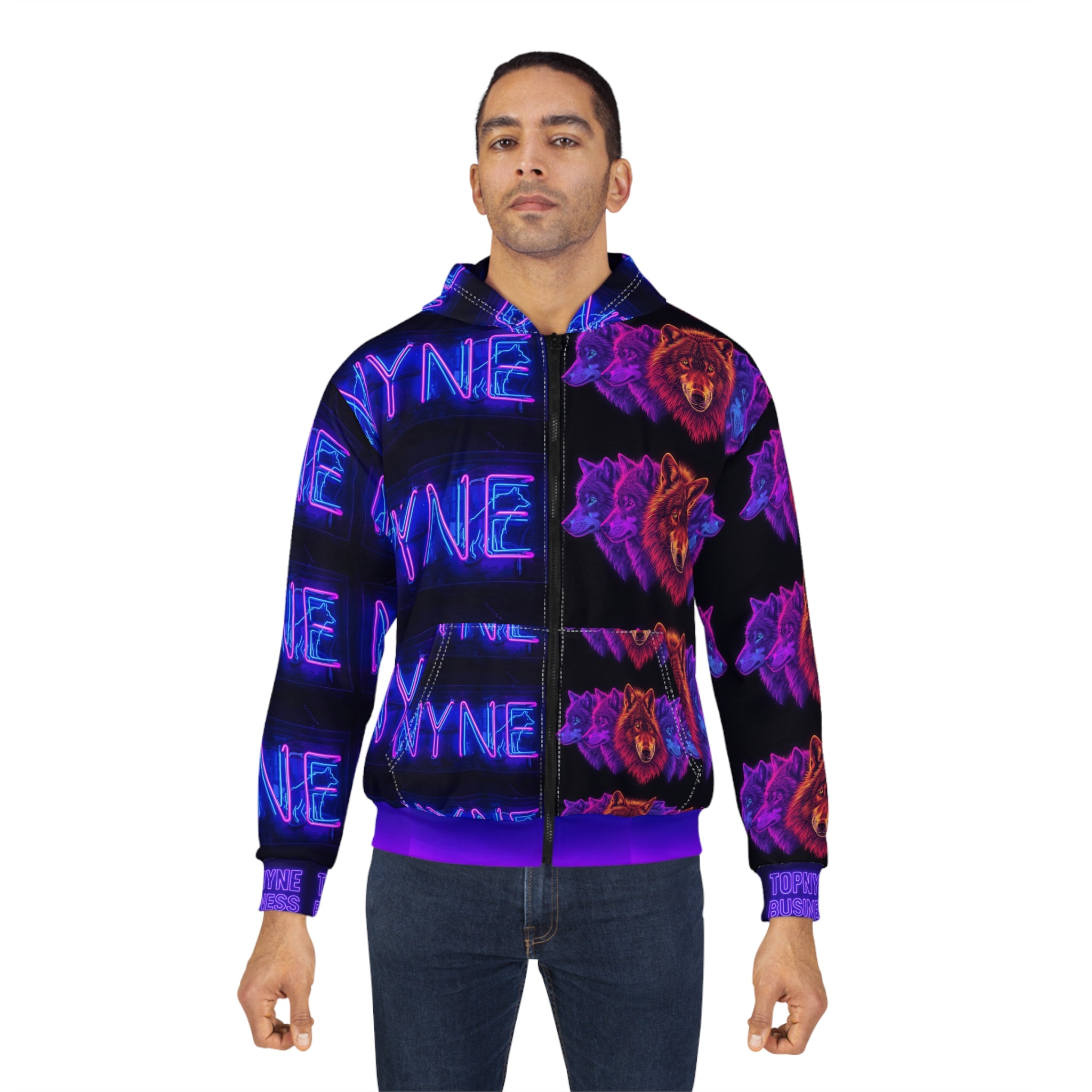 Vibrant Neon Wolf Unisex Zip Hoodie, AOP Hoodie for Animal Lovers, Festival Outfit, Cozy Layering, Perfect Gift for Birthdays, Unique Style